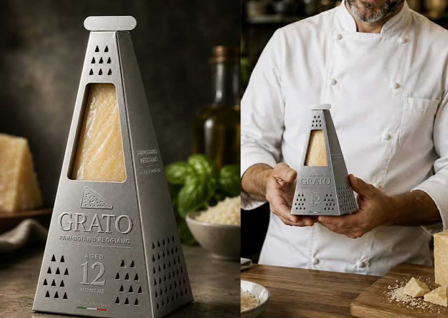 Packaging premium de Parmigiano Reggiano GRATO Packaging premium de Parmigiano Reggiano GRATO diseñado por L'Alchimiste, ejemplo de identidad marcaria sobre denominación de origen